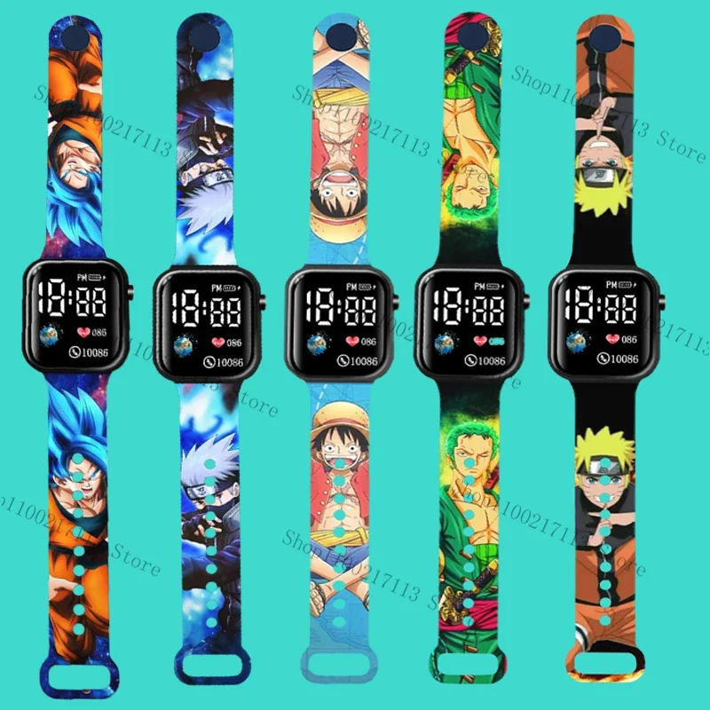 Nuevo reloj para niños Sasuke Luffy Goku Zoro, correa con estampado de dibujos animados, reloj electrónico cuadrado LED resistente al agua, regalos de cumpleaños para niños y niñas