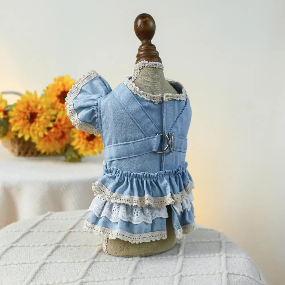 Cake Skirt Pet Dress Easy to Wear Pet Apparel Stylish Denim Pet Dress with Sleeves Traction Ring for Dogs for Fashionable