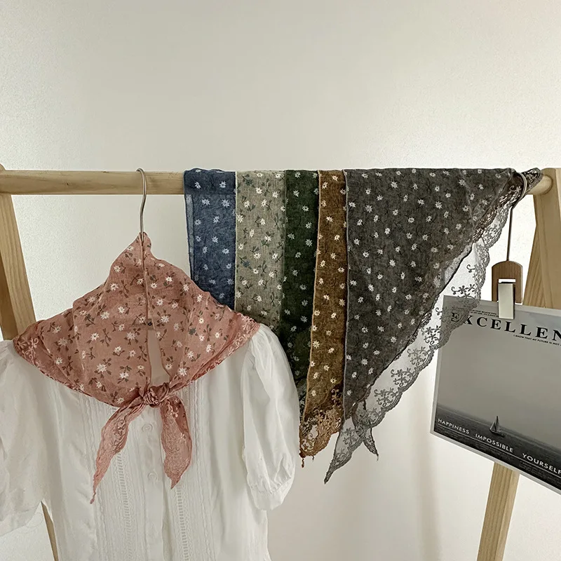 

Новый весенне-летний шарф из льна с кружевной отделкой, модный треугольный платок в корейском стиле, свежий аксессуар для волос, головной убор.