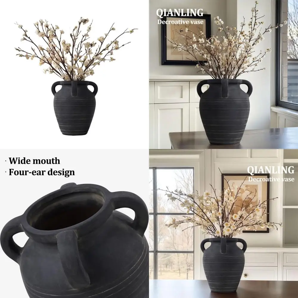 

10 Tall Terracotta Black Vase with 4 Ears, Vintage Wide Mouth, Matte Finish for Rustic Home Decor
