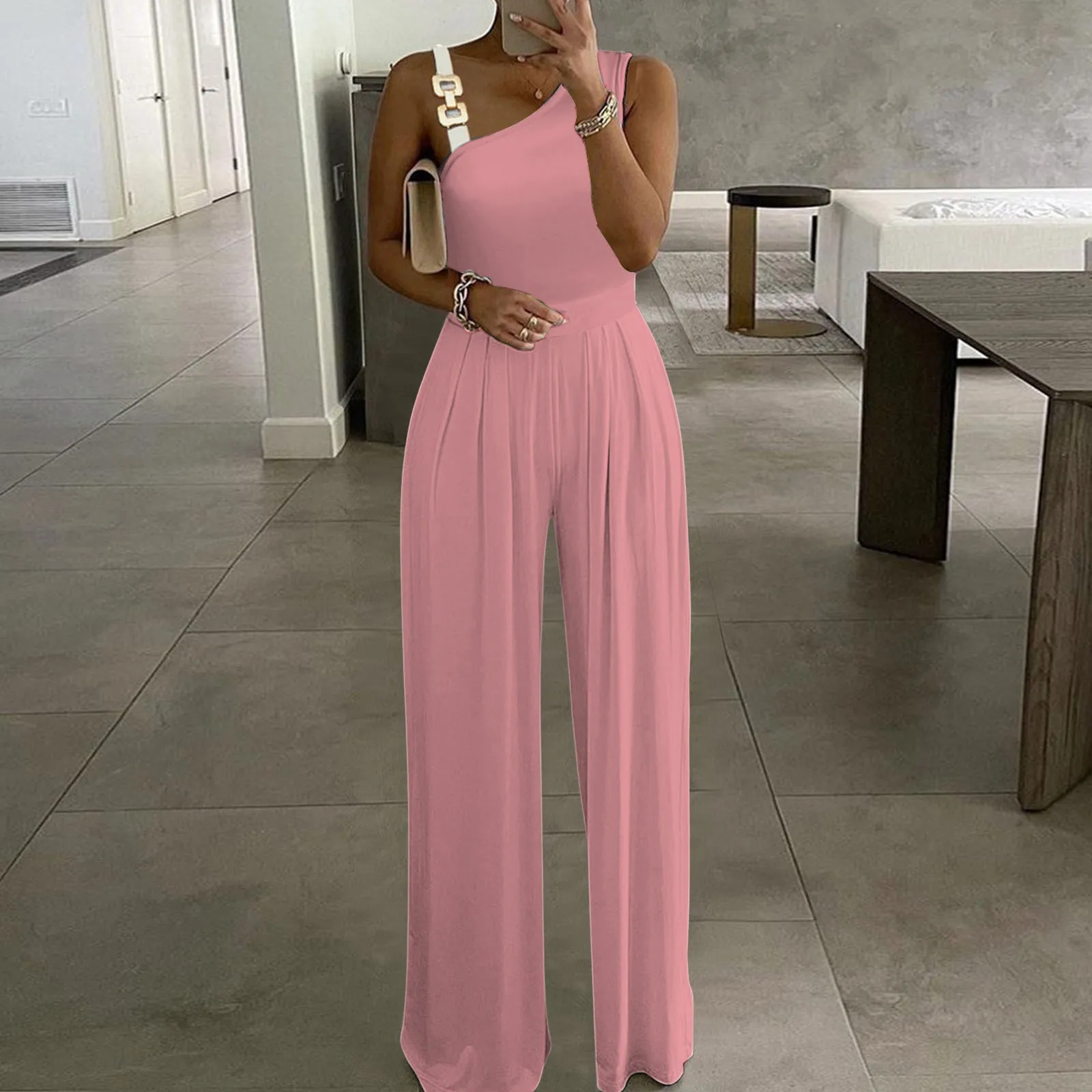 Youthful Woman Clothes Women Rompers Sexy Metal Button Tank Top High Waist Wide Leg Jumpsuit Solid Color Clothes For Women