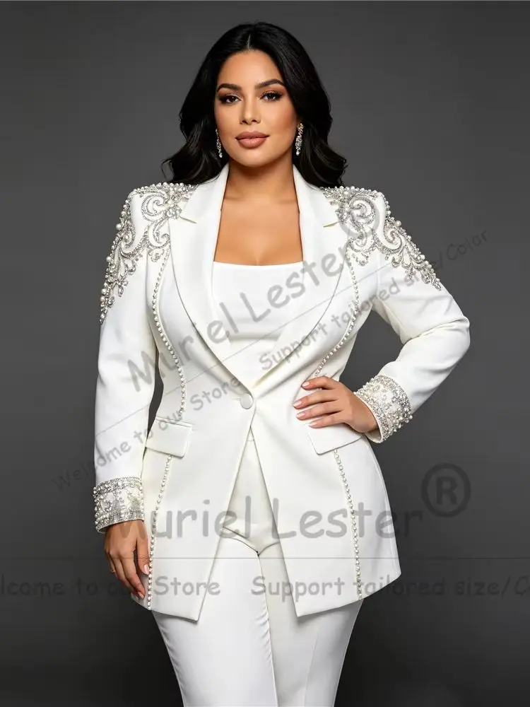 Handmade Women Suit or Wedding Crystals Beading Jacket Pants 2 Piece Sets Bride's Mother Dress Customized Lady Business Clothes view 3