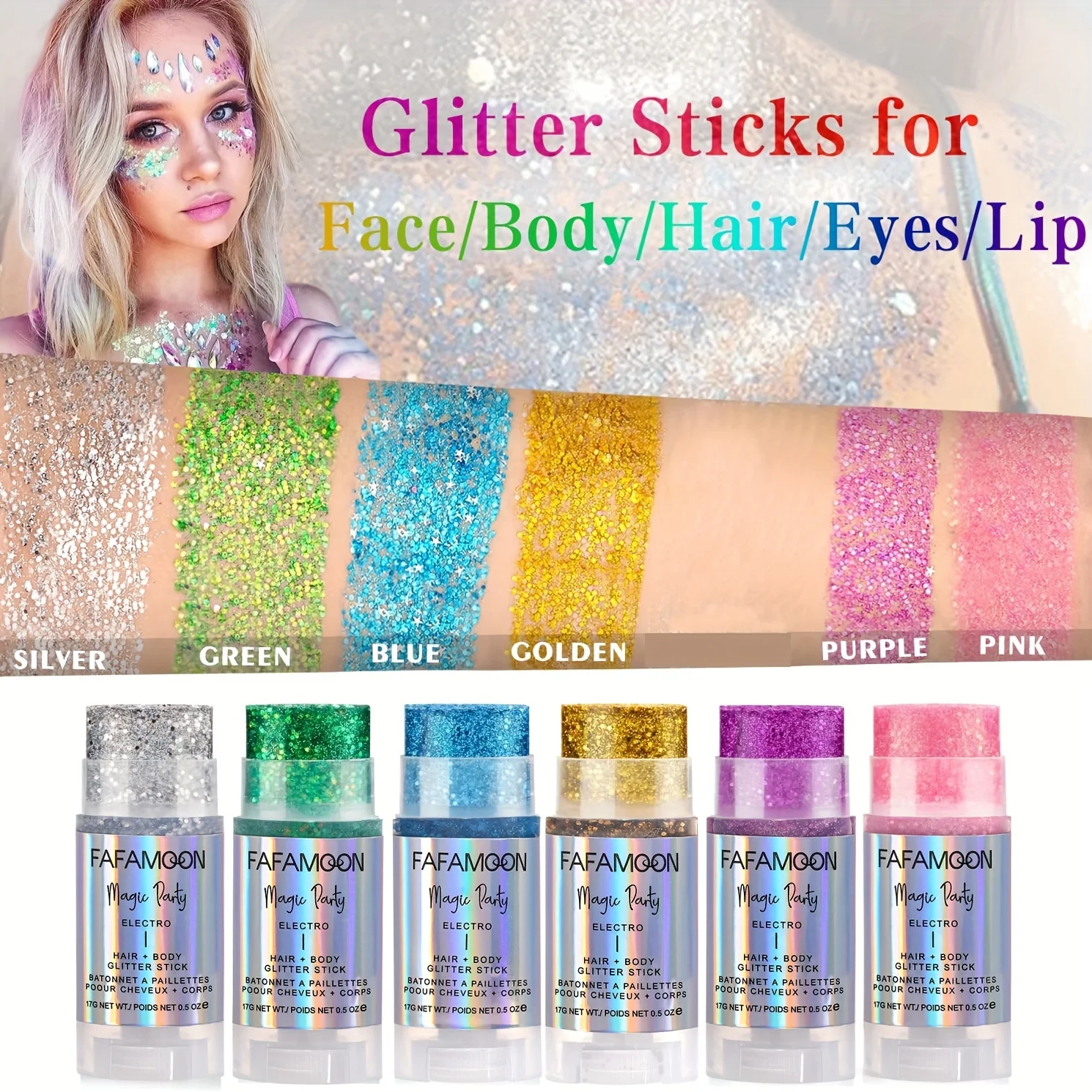 Bastone glitter per il corpo, Festival Rave musicale per cantanti, Bastone glitter rotante per viso a sirena, Glitter olografici per viso/corpo/capelli/occhio