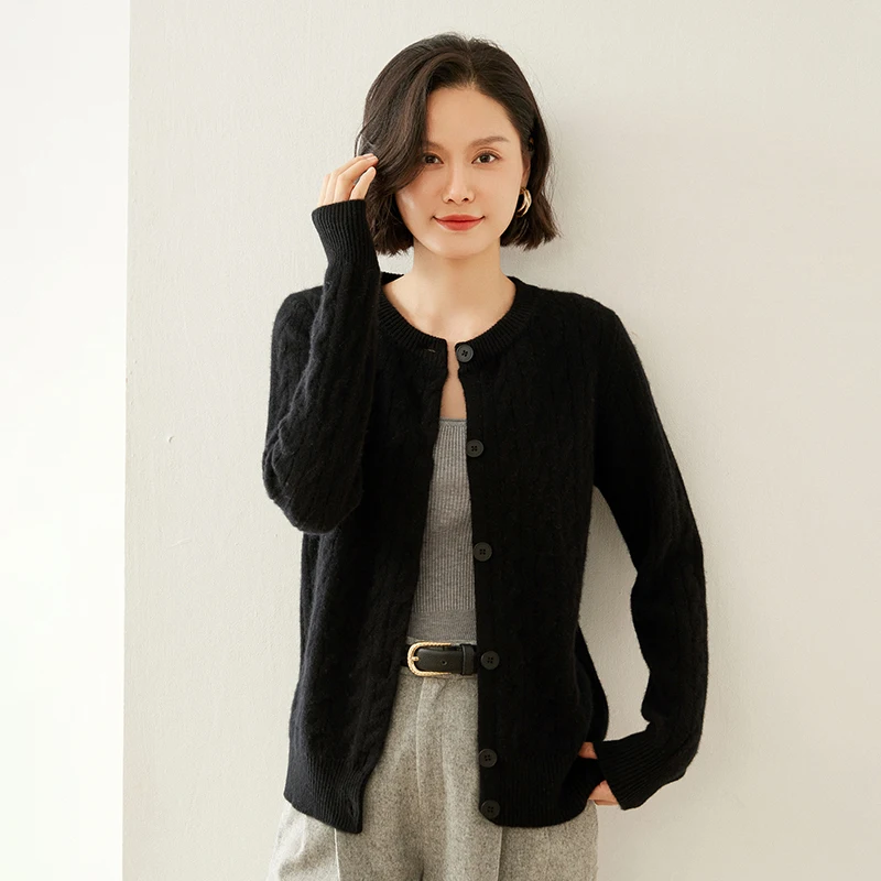 Women's 100% Pure Cashmere Cardigan Thickened round Neck Knitted Sweater Simple Versatile Autumn Winter Comfortable Top