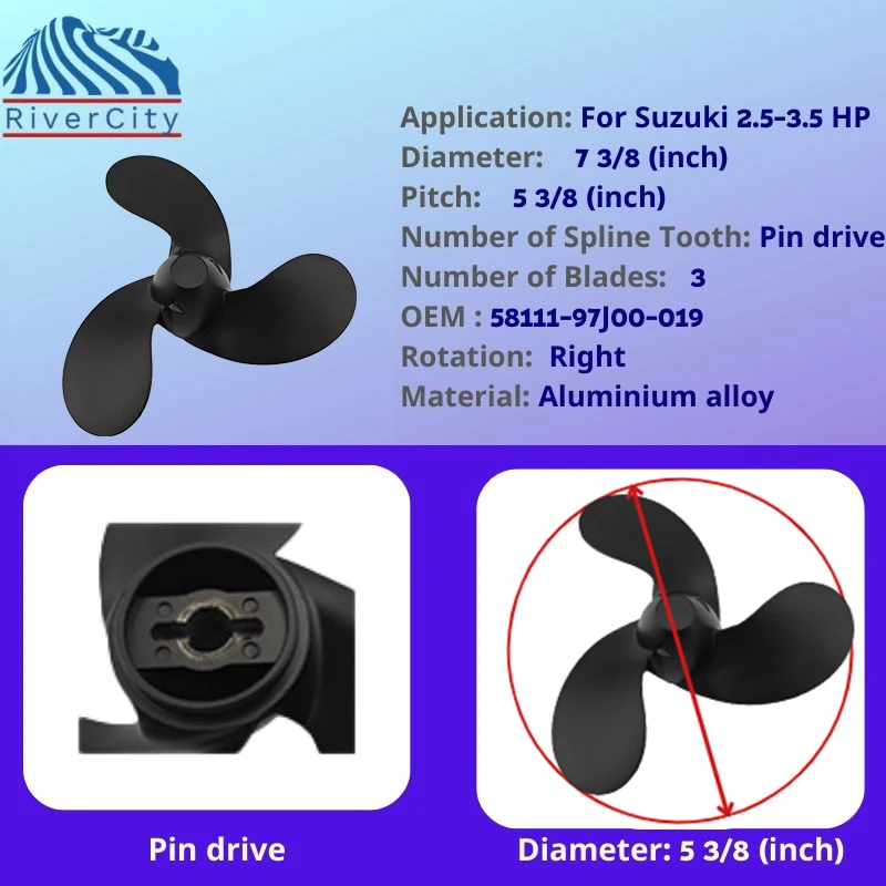 알루미늄 합금 스크류 선박 엔진 선외 프로펠러, 스즈키 F4 F5 F6, 7 3/8X5 3/8 보트 모터, 3 블레이드 핀 드라이브