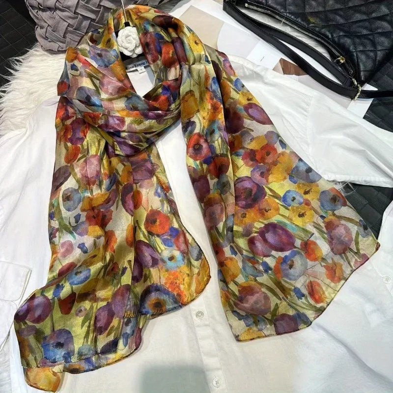 

Lightweight Large 100% Mulberry Silk Scarf for Women Oblong Shawl Neck Scarf Beach Wrap Headscarf Gift Pack Purple Floral Print