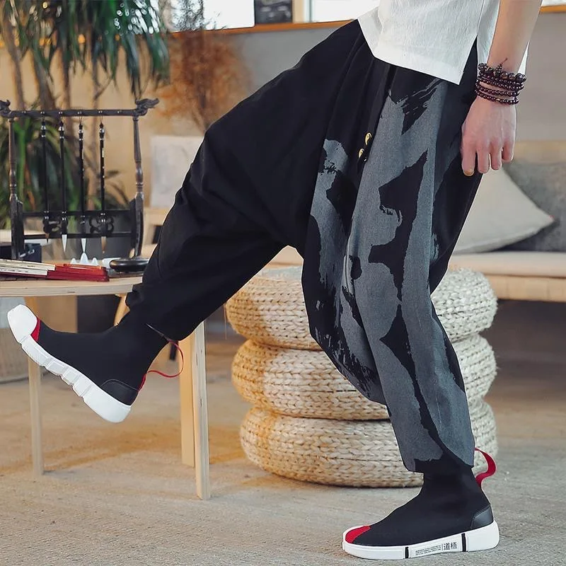 Male M-4XL Cotton Linen Vintage Pants Men Drop Crotch Summer Trendy Ribbon Sashes Print Bohemian Trousers Palazzo Hippie Trouser