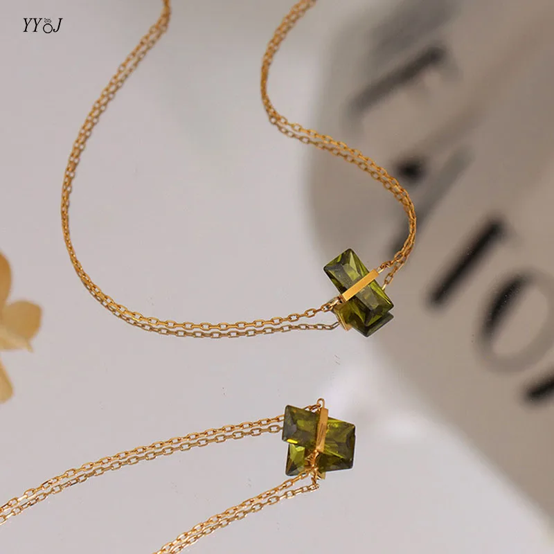 Collar de piedra verde de color peridoto para mujer, collar delicado de acero inoxidable, joyería minimalista de verano, joyería verde oliva