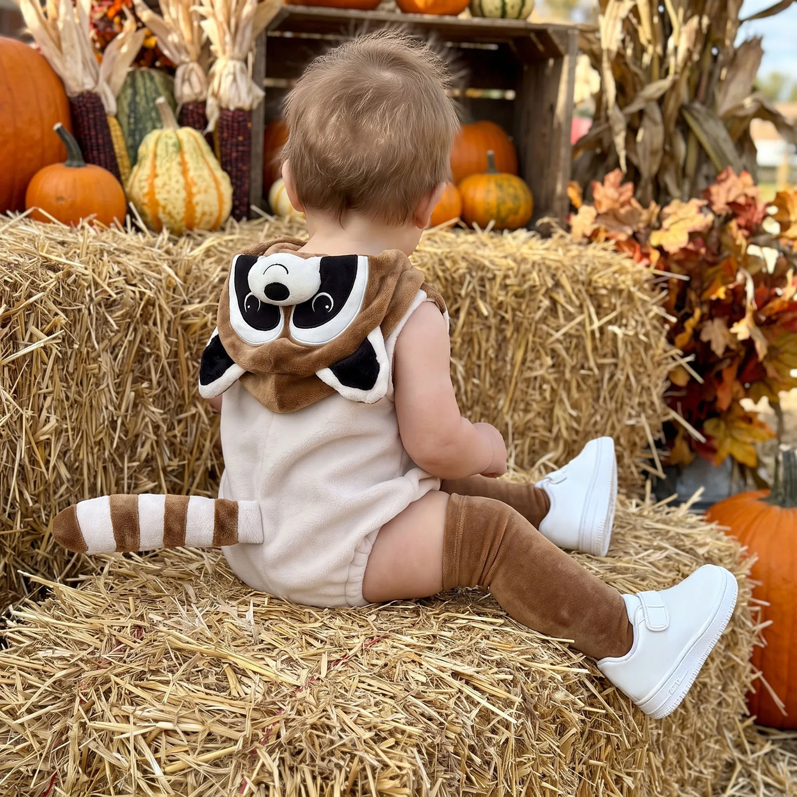 2027 Winter Fashion Toddler Baby Raccoon Costume with Stockings Set Warmer Fleece Sleeveless Hooded Romper