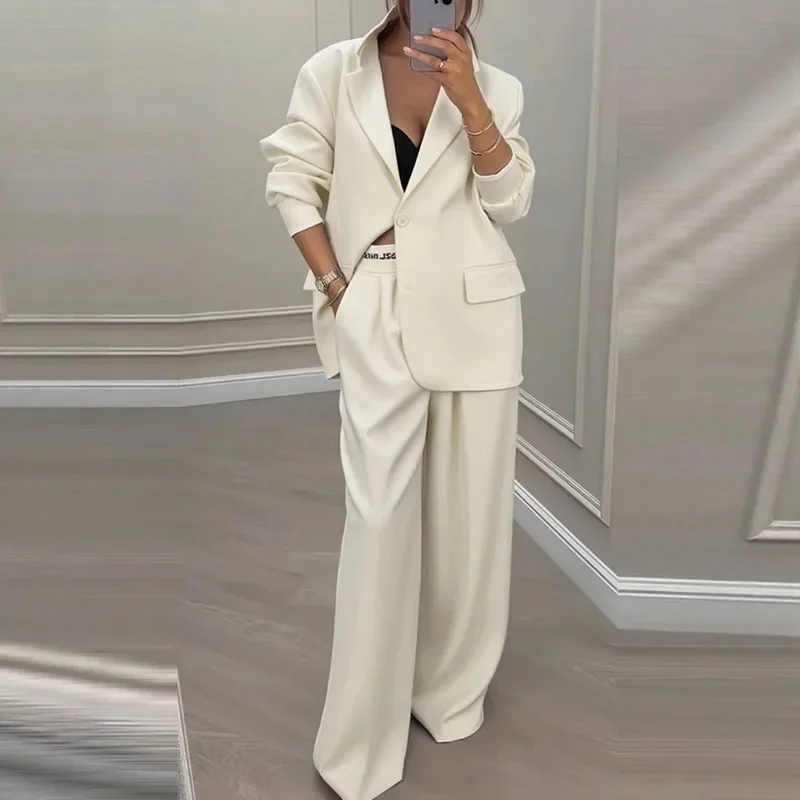Women's Pants Suit Loose Solid Color Autumn Winter Commuting Long sleeved Lapel Top Wide leg Trousers Two piece Set Clothing