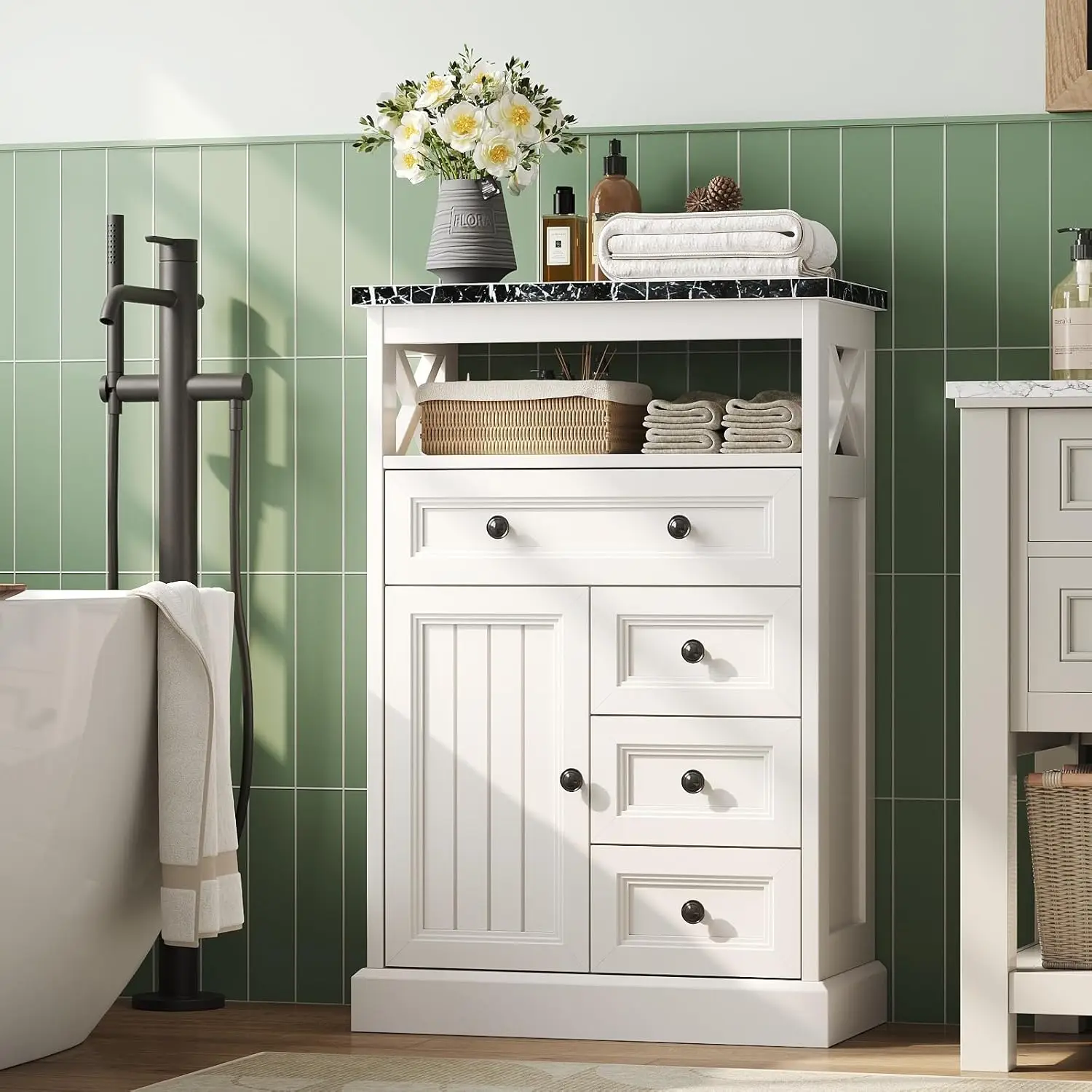 

Compact Bathroom Cabinet 4 Drawer TP Organizer 23in Farmhouse Laundry Accent Marble Top Shelf Customized