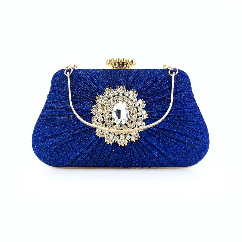 Royal Blue Pleated Rhinestone Evening Clutch Women Luxury Crystal Hardcase Handbag Wedding Prom Party Top Handle Crossbody Purse