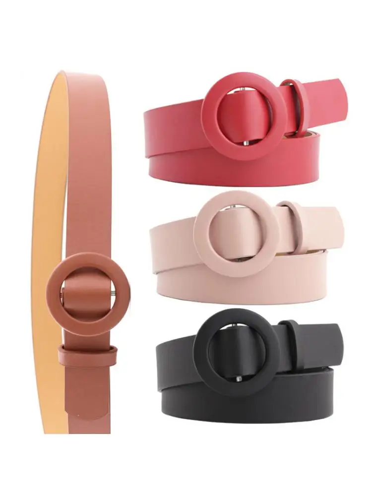 2024 Solid Color Women Bare Belt Fashionable Round Buckle Needless Punch free All Decorative Fashion Pink White