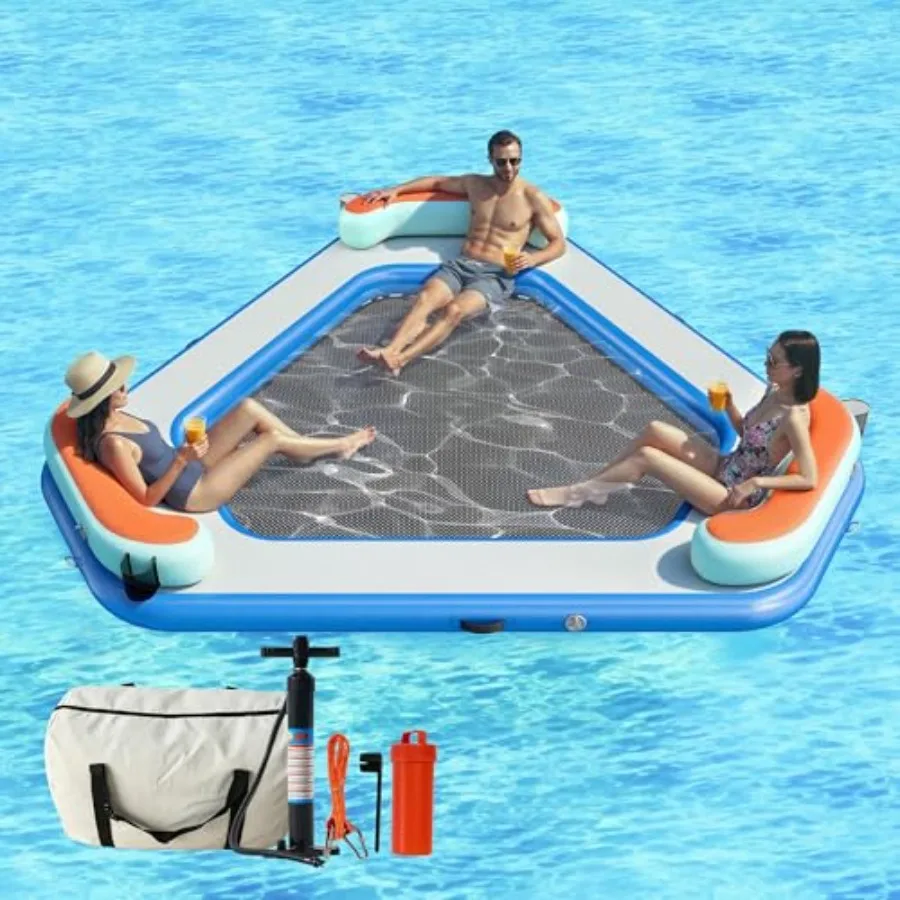 10FT Triangle Inflatable Water Hammock for Lake Beach Party Use, PVC Material, Blue, Mesh Pocket and Support Pillows for Enhanc