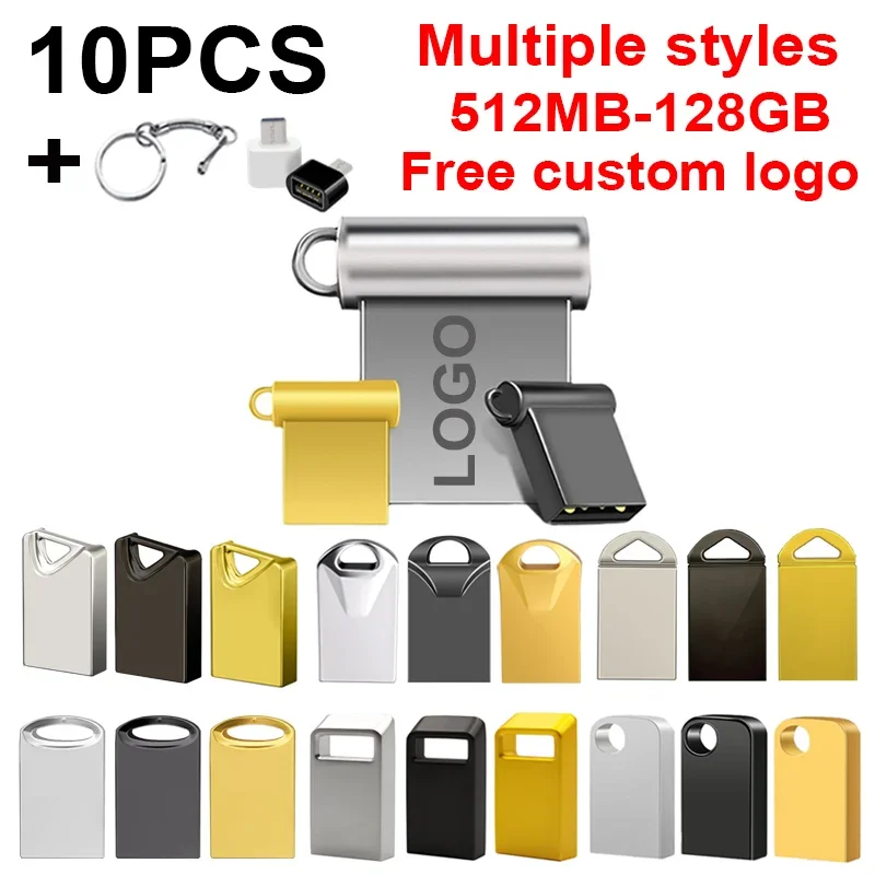 10PCS/lot Multi Style Mini Metal USB Flash Drive 4GB 8GB 16GB 32GB 64GB 128GB Pen Memory Stick U Disk with Key Chain Pen Drive