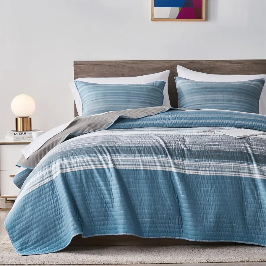 

Full Queen Size Bedding Set in White Grey and Blue Patchwork Striped Design for Modern Bedroom Decor Soft Lightweight Bedspread