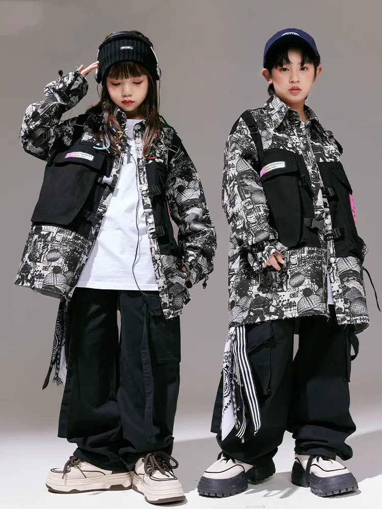 2023 New Jazz Modern Dance Costumes For Kids giacca allentata pantaloni Cargo Suit Girls Hip Hop Dance Performance Rave Clothes DQS14597