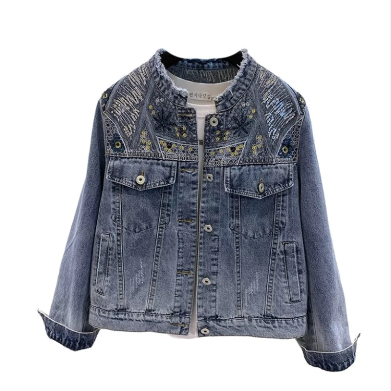 Women's Beaded Denim Jacket Spring 2026 New Style Sequin Embroidery Retro Short Biker Jacket Top