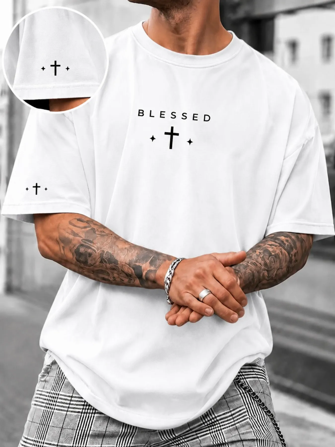 Summer Men's New Cross Print Short Sleeved T-shirt, Simple Street Style Round Neck Loose Fitting, Daily Casual Sports Outfit