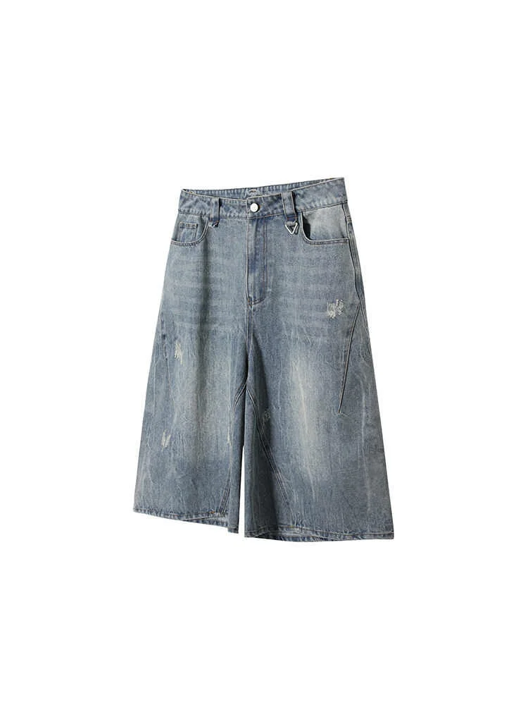 

Retro American Design Loose Fit mid Waist Men's Denim Shorts Summer Casual Straight Leg over Knee Seven-Foot Original Jeans