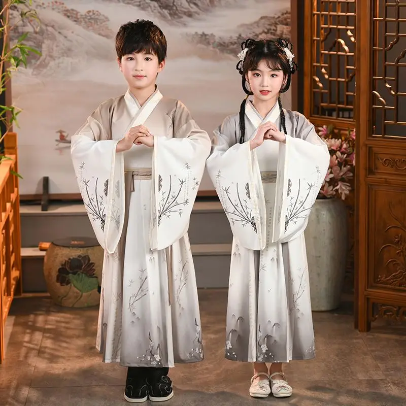 

New Kids Hanfu Set - Chinese Traditional Confucian Costume for Boys/Girls, Poetry Recital Performance Dress Kai Bi Ritual Outfit