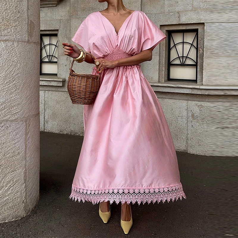

Temperament Simple Solid Color Garden Party Dress Lady High Waist Pleated A-line Dress Elegant French Style V-neck Evening Dress