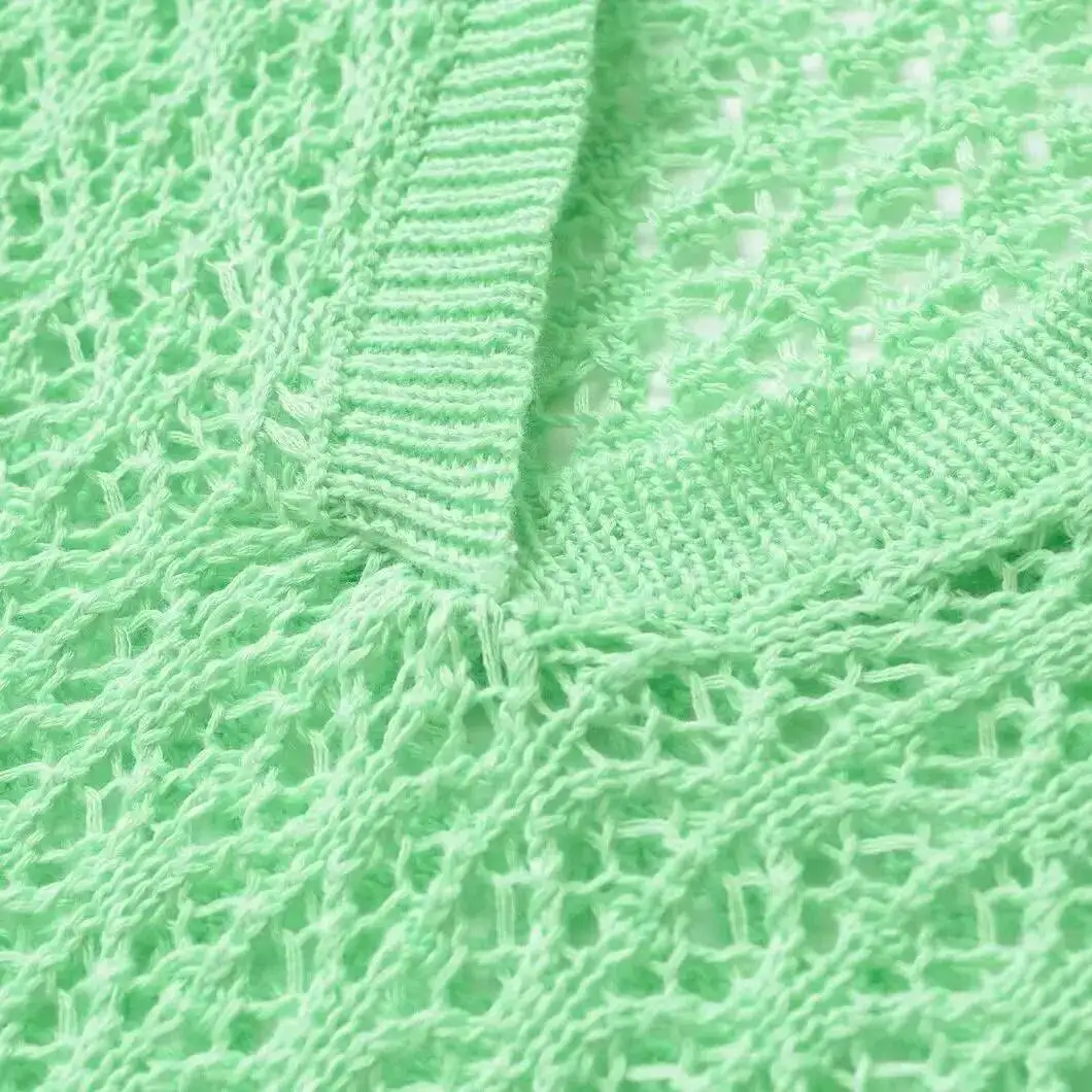 Women Jacquard Solid Knitted Hollow Out Pullover Sweater Vintage Lapel Neck Short Sleeve Female Chic Lady Tops