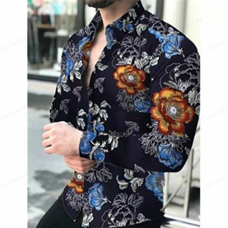 Camisa floral havaiana de manga comprida masculina, blusas da moda, blusa de praia Cuba, gola virada, botão para cima