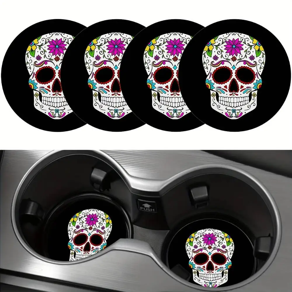 Skull Flower EVA Car Cup Mats 4pcs 2.75in Round 5mm Thick Water Resistant Home & Car Stocking Stuffers