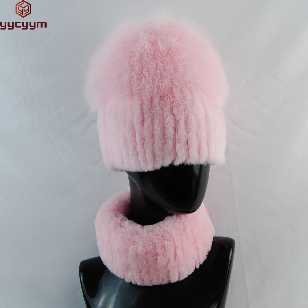 

2022 Women Winter Top Natural Fox Fur Cap Scarves Sets Luxury Real Rex Rabbit Fur Hat Scarf 2 Pieces Knitted Rex Rabbit Fur Hat