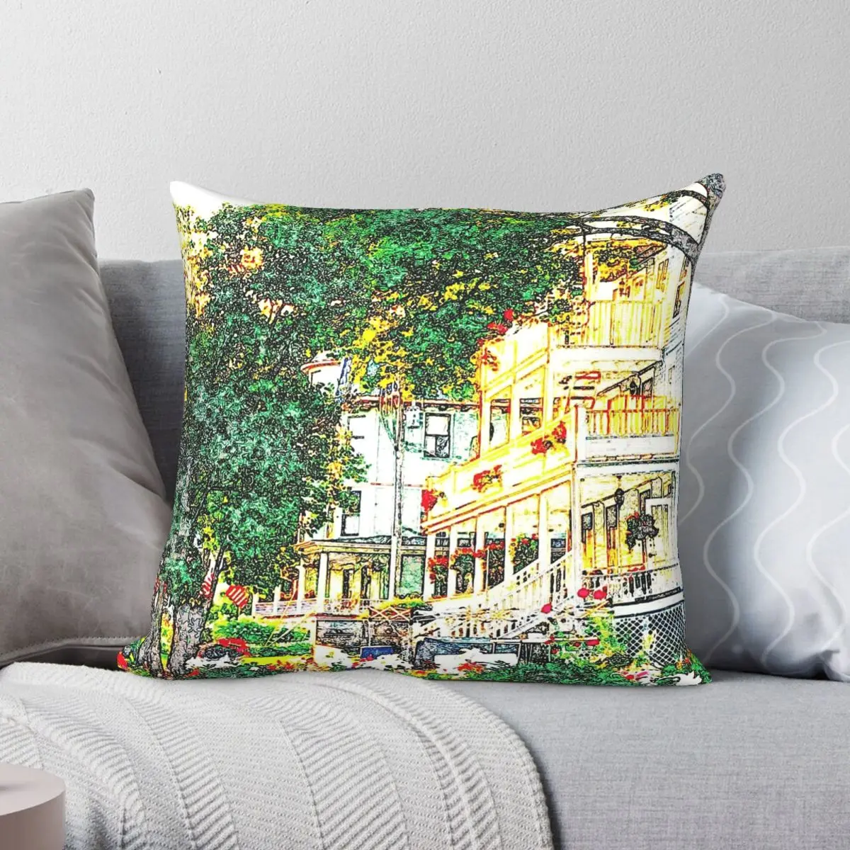 Mackinac Island Michigan Quadratischer Kissenbezug, Polyester, Leinen, Samt, bedruckt, mit Reißverschluss, Dekor, Auto-Kissenbezug