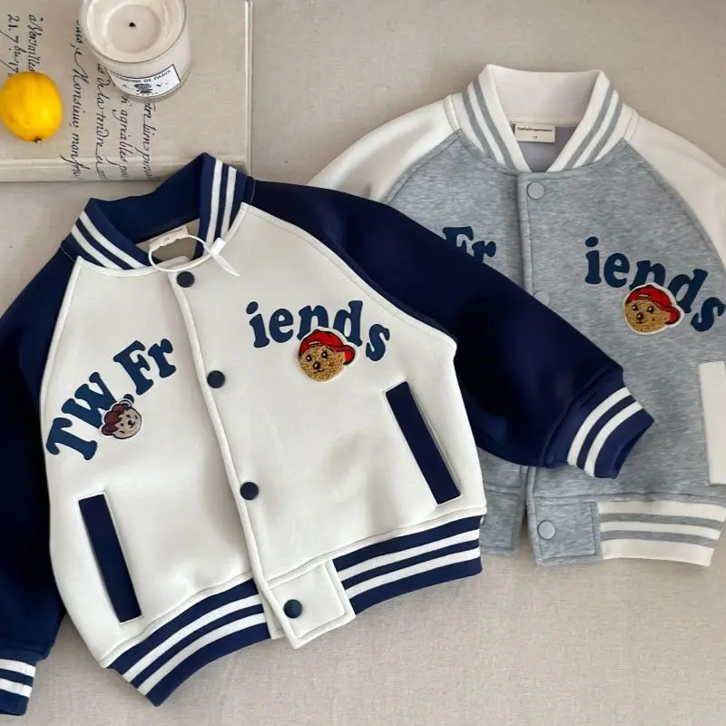 

Autumn Spring Infant Baby Boy Baseball Uniform Loose Letter Bear Embroidery Little Boy Jacket Cotton Spliced Sleeve Kid Boy Coat