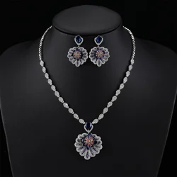 Fashion CZ Large Pendant  Necklace and Earrings Cubic Zirconia Bridal Wedding Jewelry Sets for Women Gift CN11097
