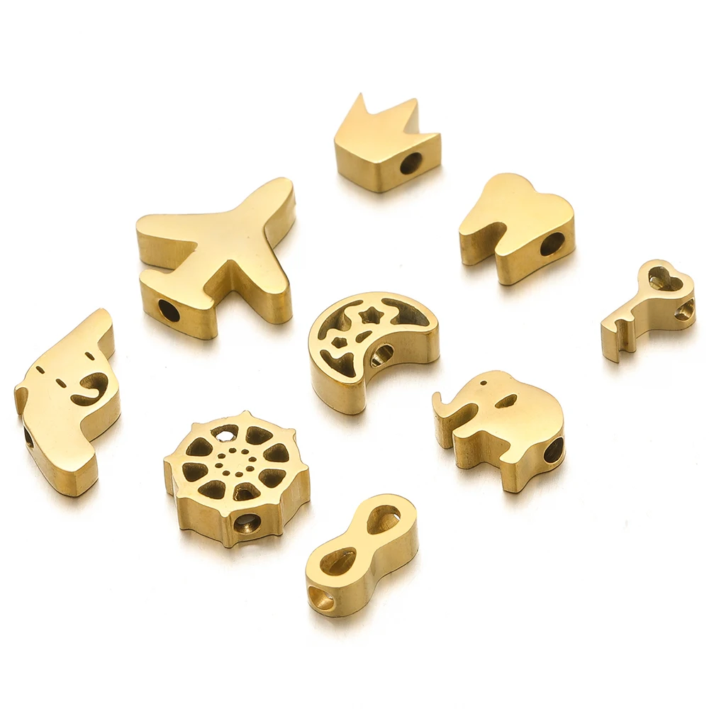 5pcs Gold Color Stainless Steel Moon Star Crown Beads for Necklace Bracelet Charms DIY Jewelry Supplies Findings Accessories