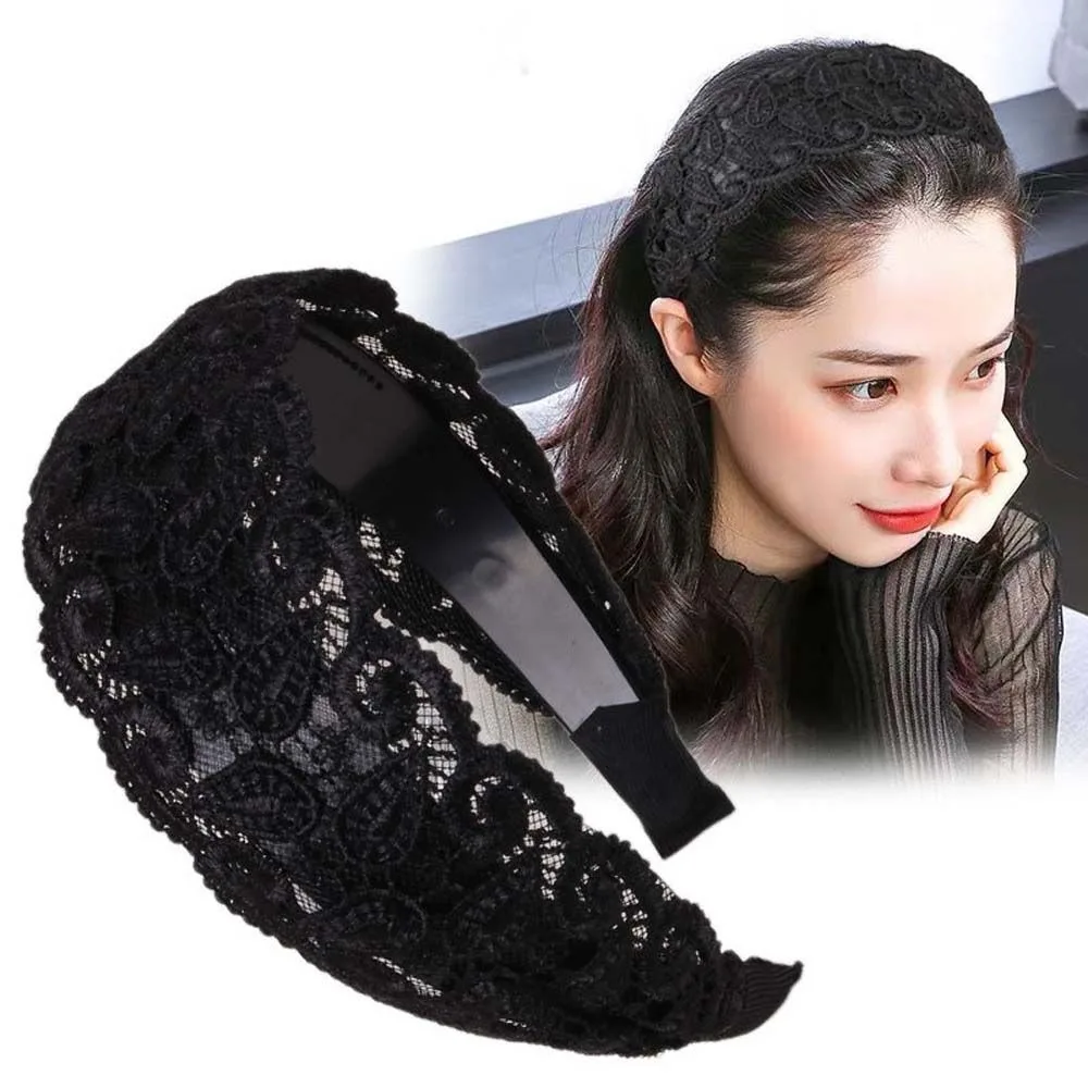 Korean New Vintage Lace Flower Hair Hoop Sweet Headband Temperament Wide Side Hairbands Girls Women Hollow Non Slip