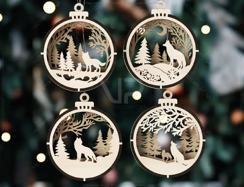 Bundle of 3D Christmas Ornaments Tree Decorations Craft Set Hanging Bauble with Snowy Scene  New Year Laser Cut Digital Download