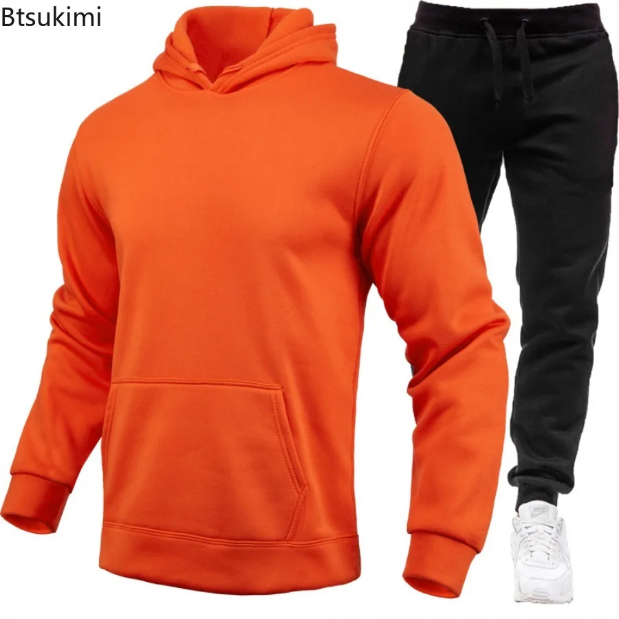 Men's Sports Suit Solid Color Casual Pullover Sweatshirt Long Pants Two-piece Set Spring Autumn Fleece Male Hooded Sweatshirt