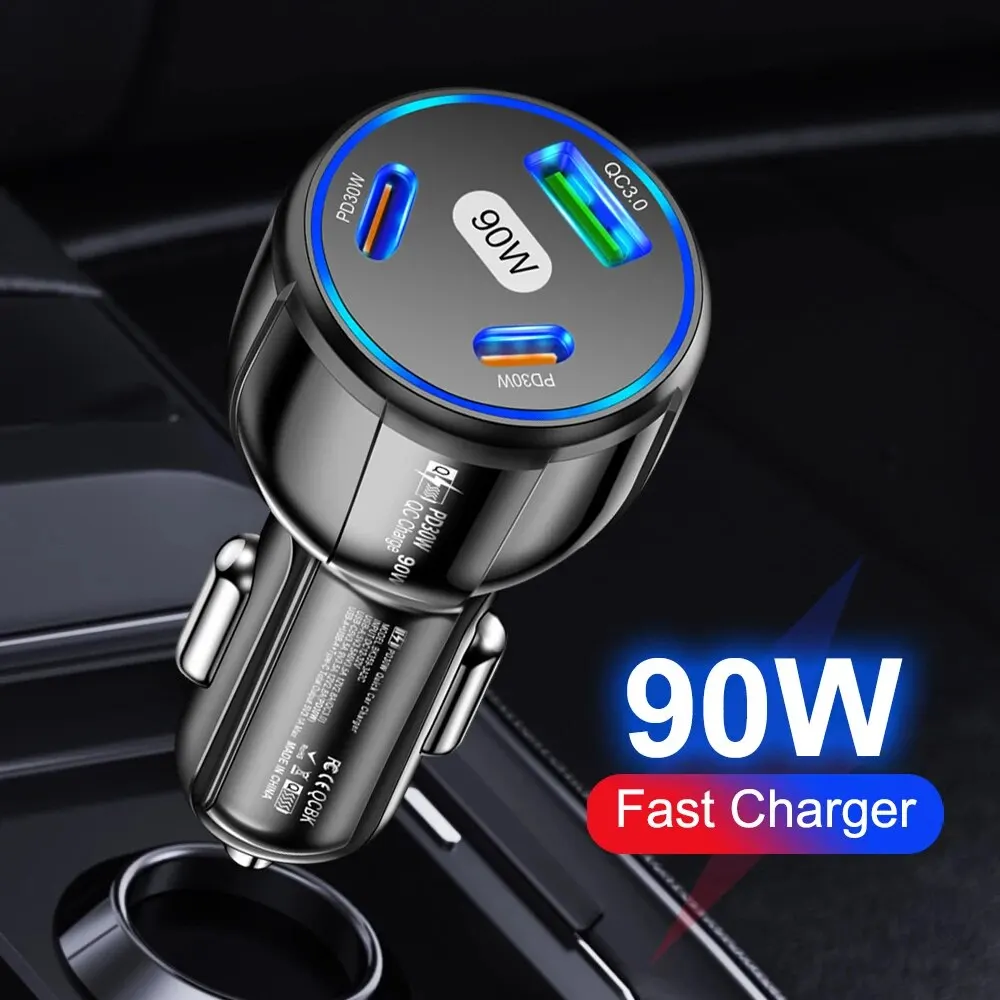 90W USB PD Car Charger 3 Ports USB Type C Fast Charger Quick Charge 3.0 Car Phone Adapter For iPhone 15 14 Xiaomi Samsung Huawei