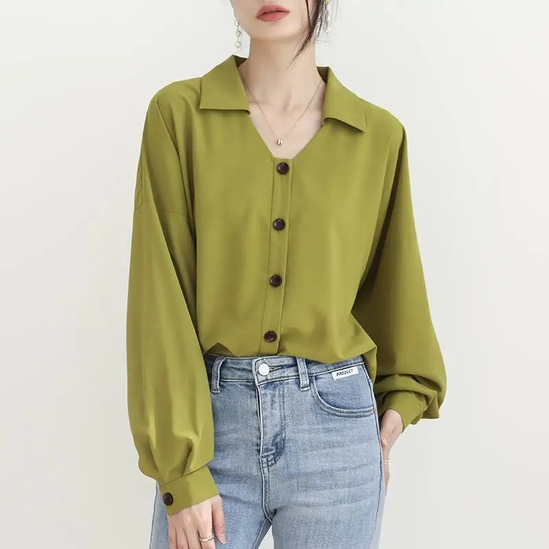 2025 Spring Summer French Style Women Avocado Green Chiffon Blouse Elegant Office Wear Notch Lapel V-Neck Long Sleeve Shirt Top