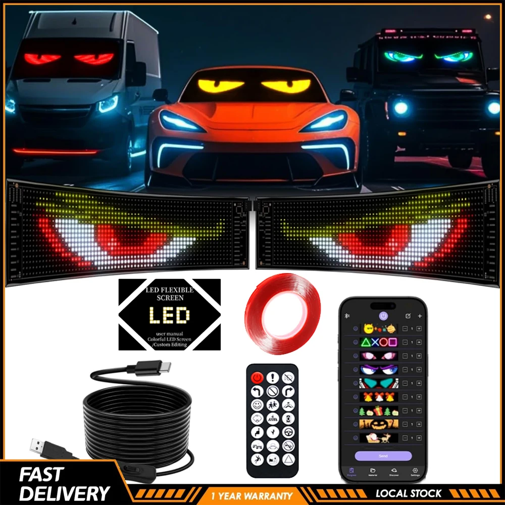 New Upgraded Car Windshield Devil Eyes 5V LED Multifunctional Purpose Sign DIY Text Animation LED Flexible Screen Programmable Custom Text Pattern Animation Scrolling Display Support Bluetooth APP Remote Control For Car Store Party Bar Hotel Concert