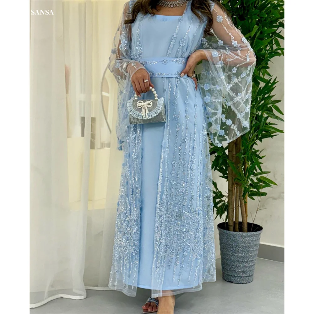 

Sansa Customized Square Collar Appliques A-line Prom Dresses Ankle-Length Blue Evening Dresses Luxury Long Sleeve Party Dresses