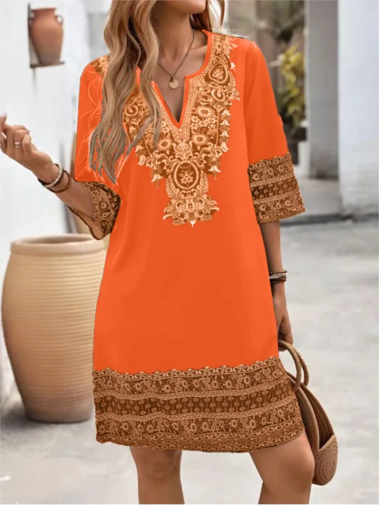 Abito casual con stampa per le vacanze per le donne Moda tre quarti con scollo a V Abiti pullover Lady Boho Vintage Abbigliamento donna Estate Nuovo