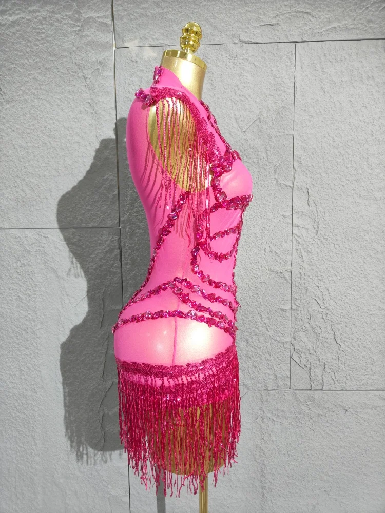 Avant-Garde Sexy Shining Sequins Tassel High Stretch Bodycon Bodysuit Latin Dancer Performance Costume Stage Wear