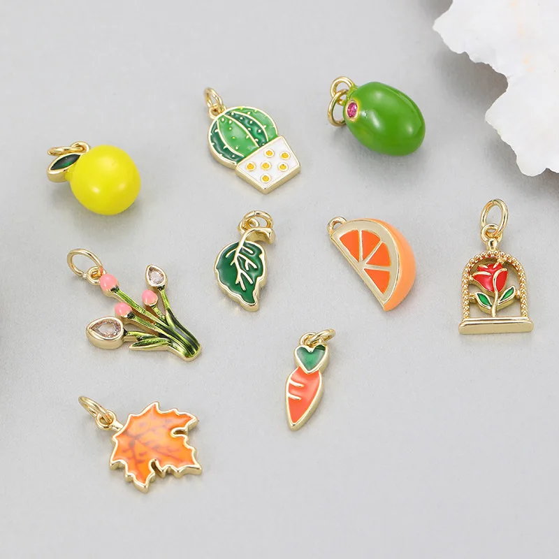 9Pcs Colorful Enamel Fruit Plant Charms Cute Minimalist Versatile Delicate Pendants DIY Fashion Jewelry Making Accessories