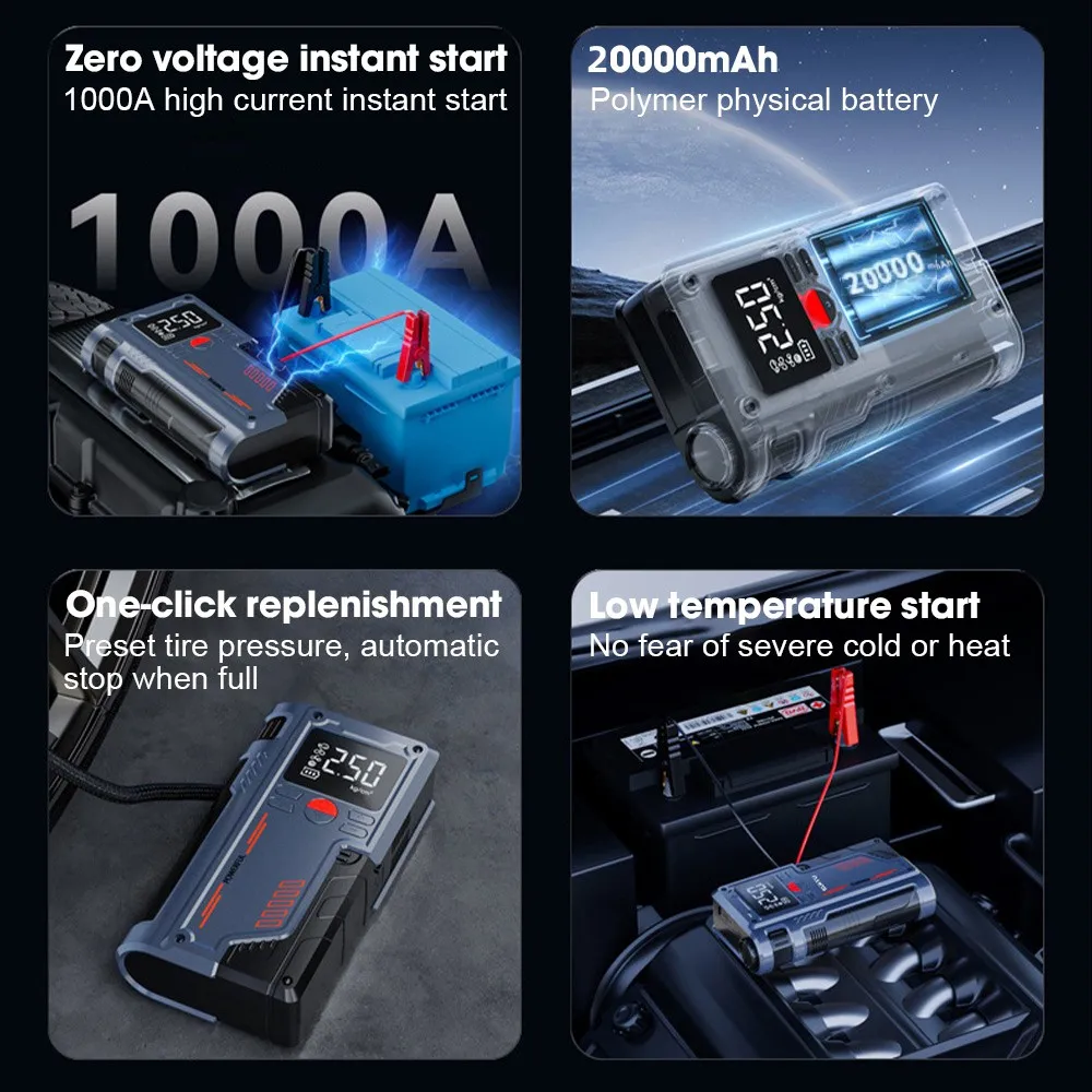 

4 In 1 Car Jump Starter with Air Compressor 20000mAh Portable Booster Charger 1000A Powerful Car Battery Starting Device