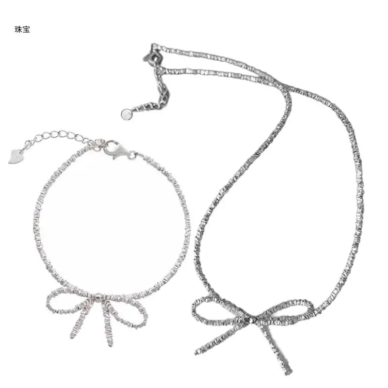 

X5QE Butterfly Bow Collarbone Chain Bracelet Accessory Bowknot Pendant Jewelry Set