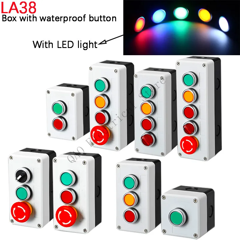 

New Button switch control box with lamp emergency stop button box self reset 220V self-locking 24V industrial switch waterproof