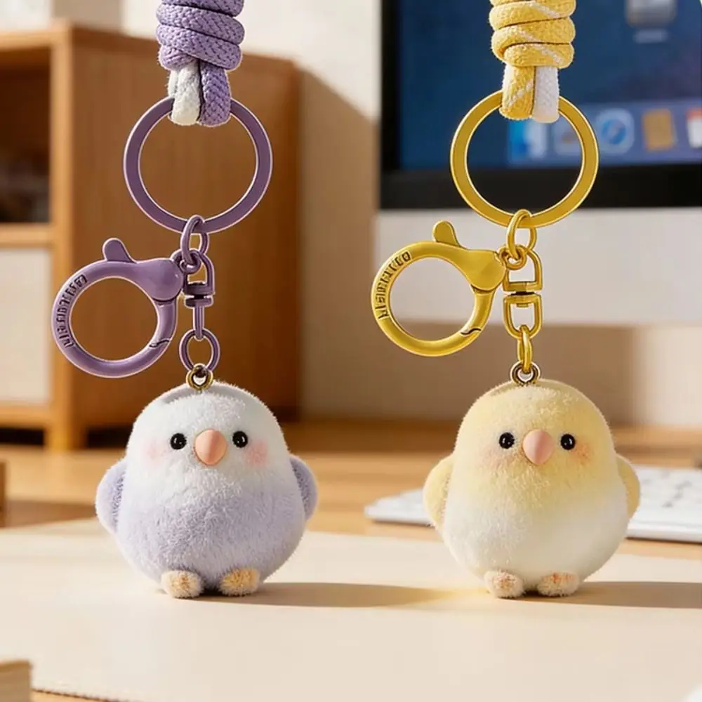 Hanging String Flocked Bird Pendant Keychain Flocked Design Plush Flocking Bird Keychain Knitted Hand Rope Cute Plush Pendant