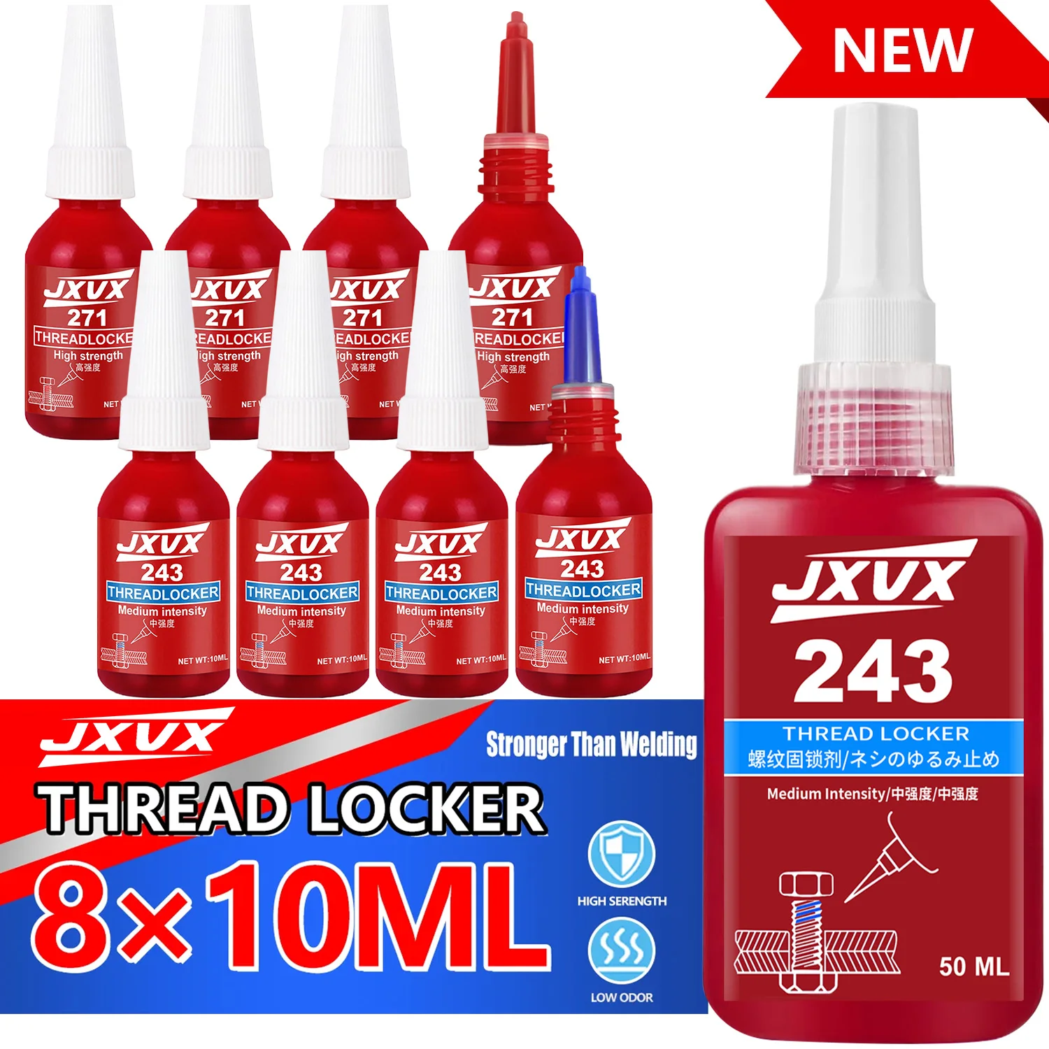 Fixador de roscas 243 azul 271 vermelho Composto adesivo fixador de roscas Adesivo anaeróbico Selante Resistência média a alta, resistente a óleo, ideal para altas temperaturas em fixadores metálicos de máquinas indust