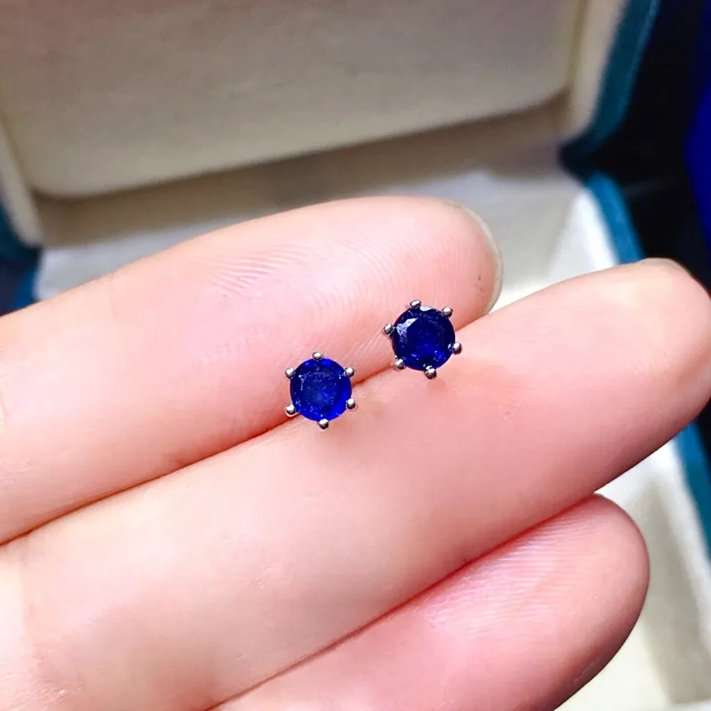 4x4MM Natural Blue Sapphire Earrings 925 Silver Stud Earring for Women 925 Sterling Silver Prevent  Fine Jewelry